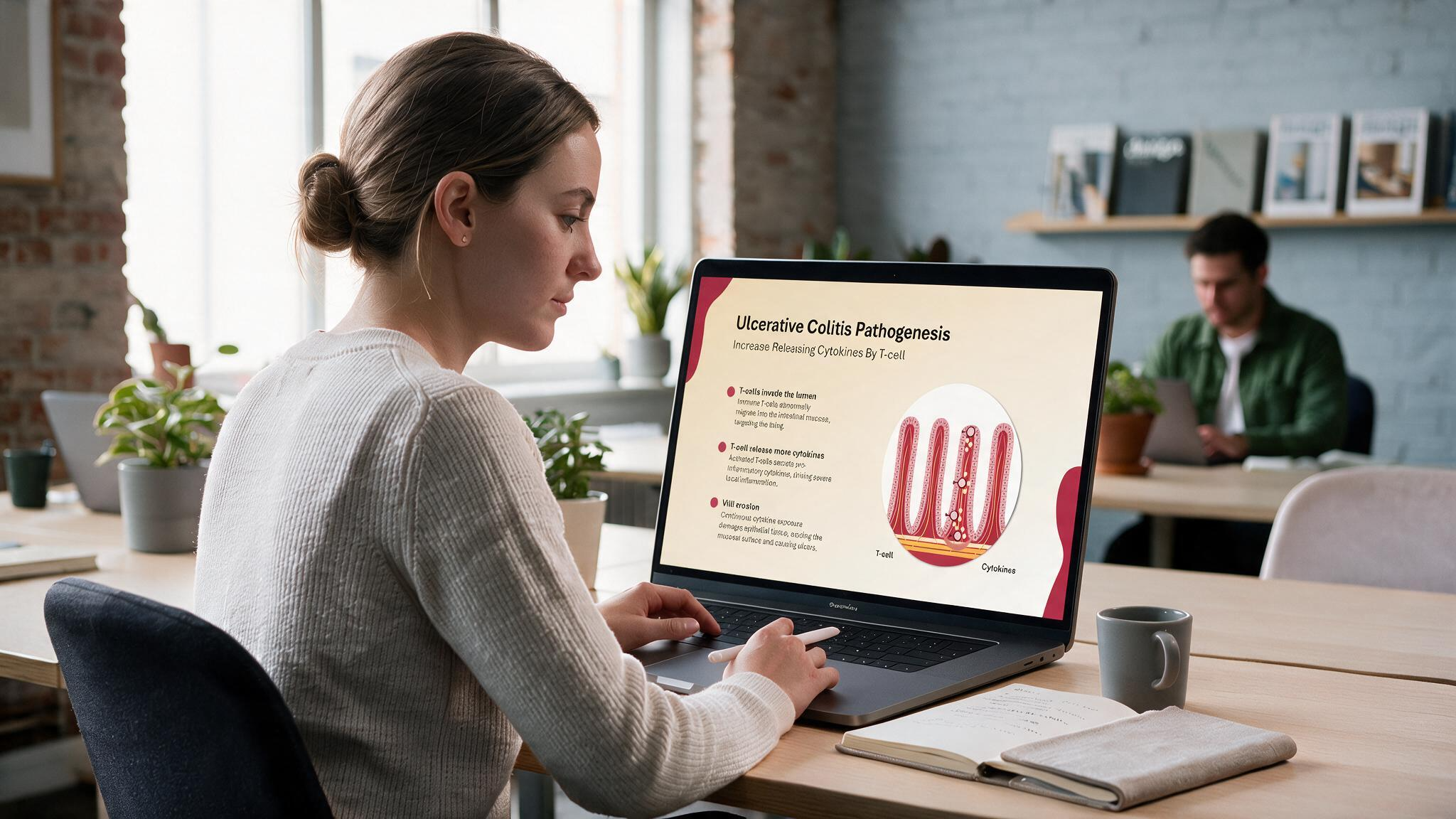 Medical learner reviewing ulcerative colitis pathogenesis using an editable Ulcerative Colitis Overview PowerPoint Template on a laptop.