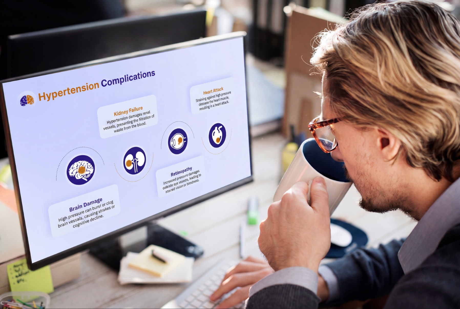 Healthcare professional reviewing stroke complications using an editable Stroke Overview PowerPoint Template on a desktop monitor.