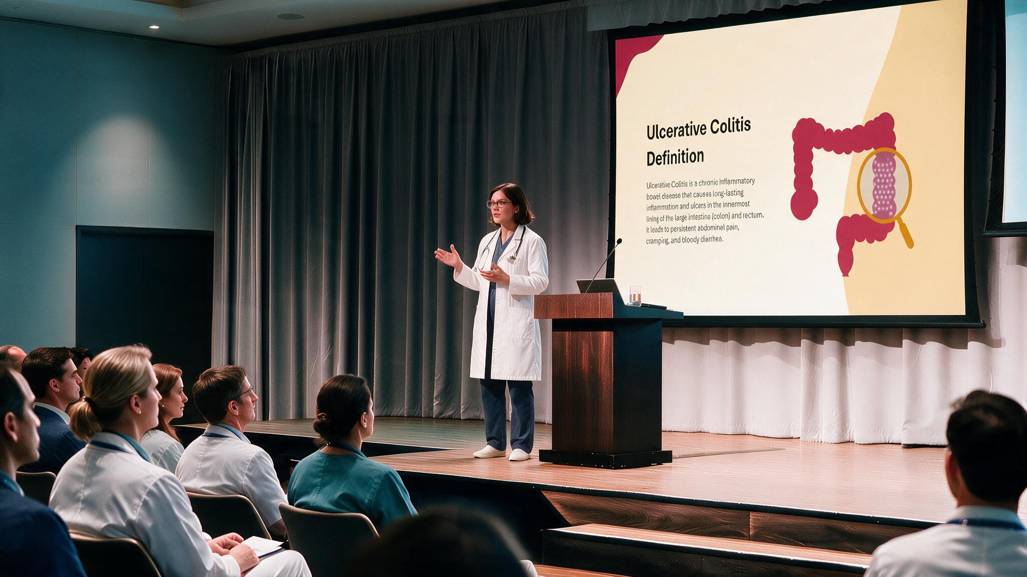 Medical educator presenting the definition of ulcerative colitis using an editable Ulcerative Colitis Overview PowerPoint Template during a clinical conference.