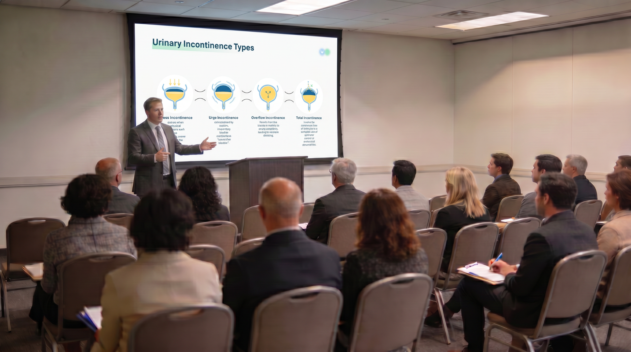 Medical presenter explaining the different types of urinary incontinence using an editable Urinary Incontinence PowerPoint Template during a healthcare conference.