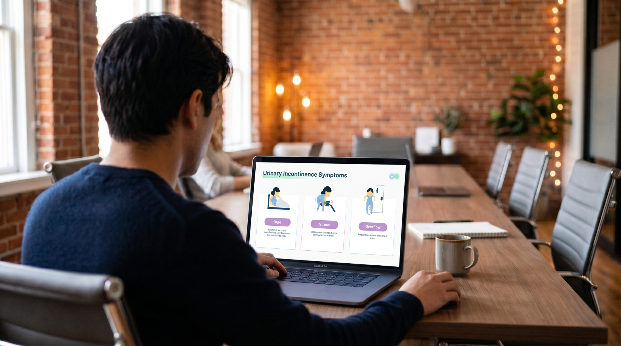 Healthcare professional reviewing urinary incontinence symptoms on a laptop using an editable Urinary Incontinence PowerPoint Template.