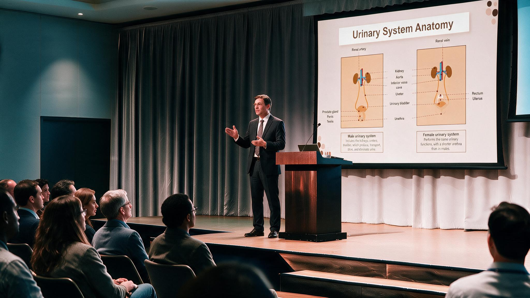 Medical educator presenting urinary system anatomy using an editable Urinary System Anatomy and Physiology PowerPoint Template during a clinical conference.
