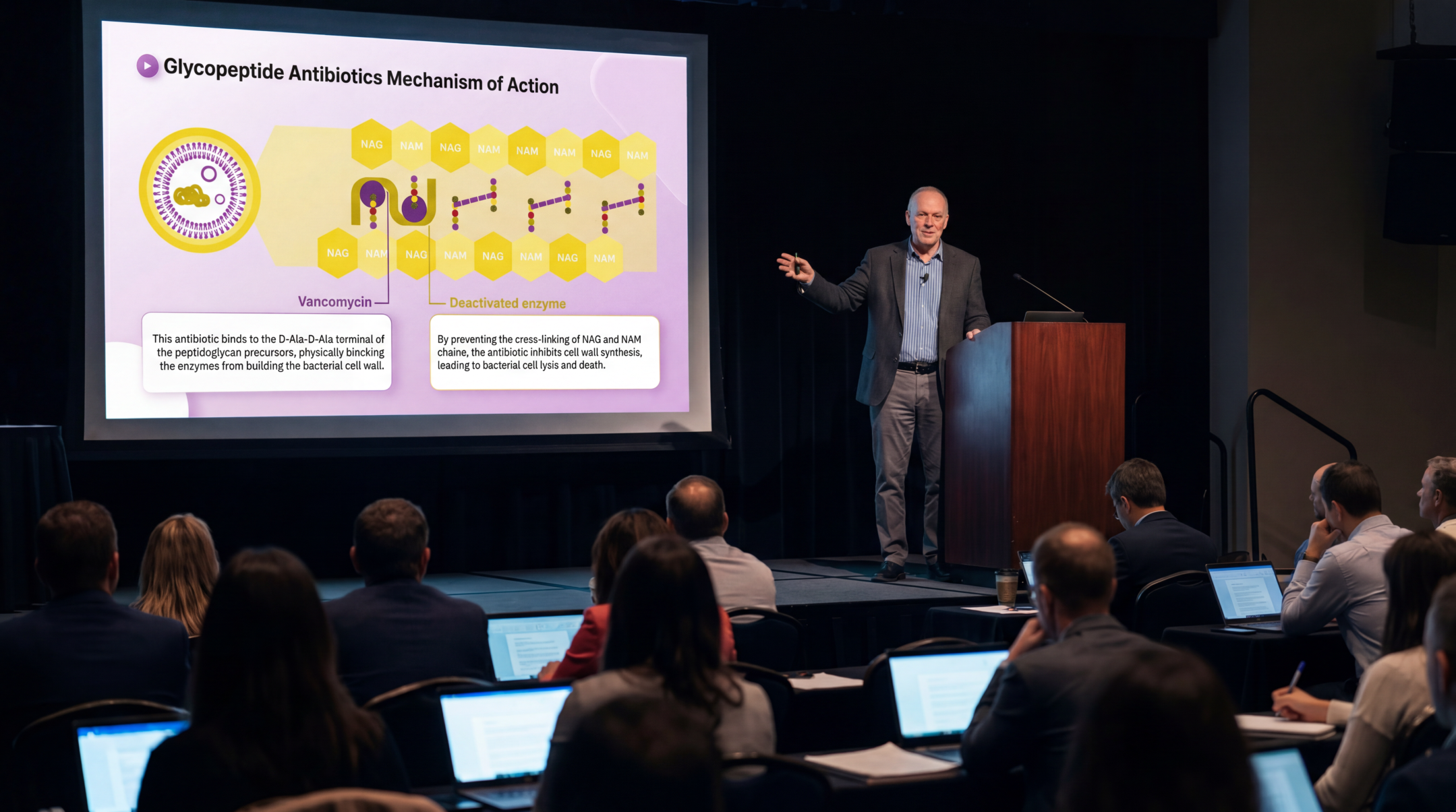 Medical educator presenting the mechanism of action of vancomycin using an editable Vancomycin PowerPoint Template during a clinical conference.