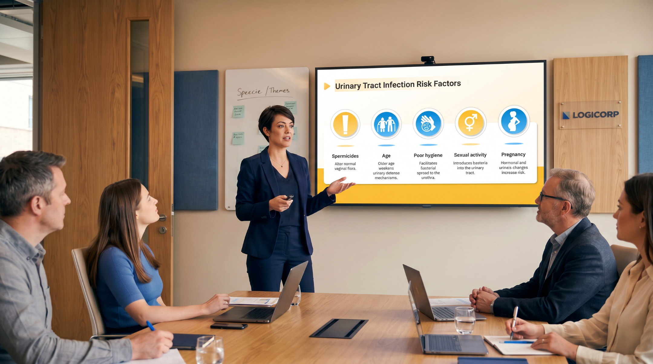 Medical educator presenting urinary tract infection risk factors using an editable Urinary Tract Infection PowerPoint Template during a clinical training session.