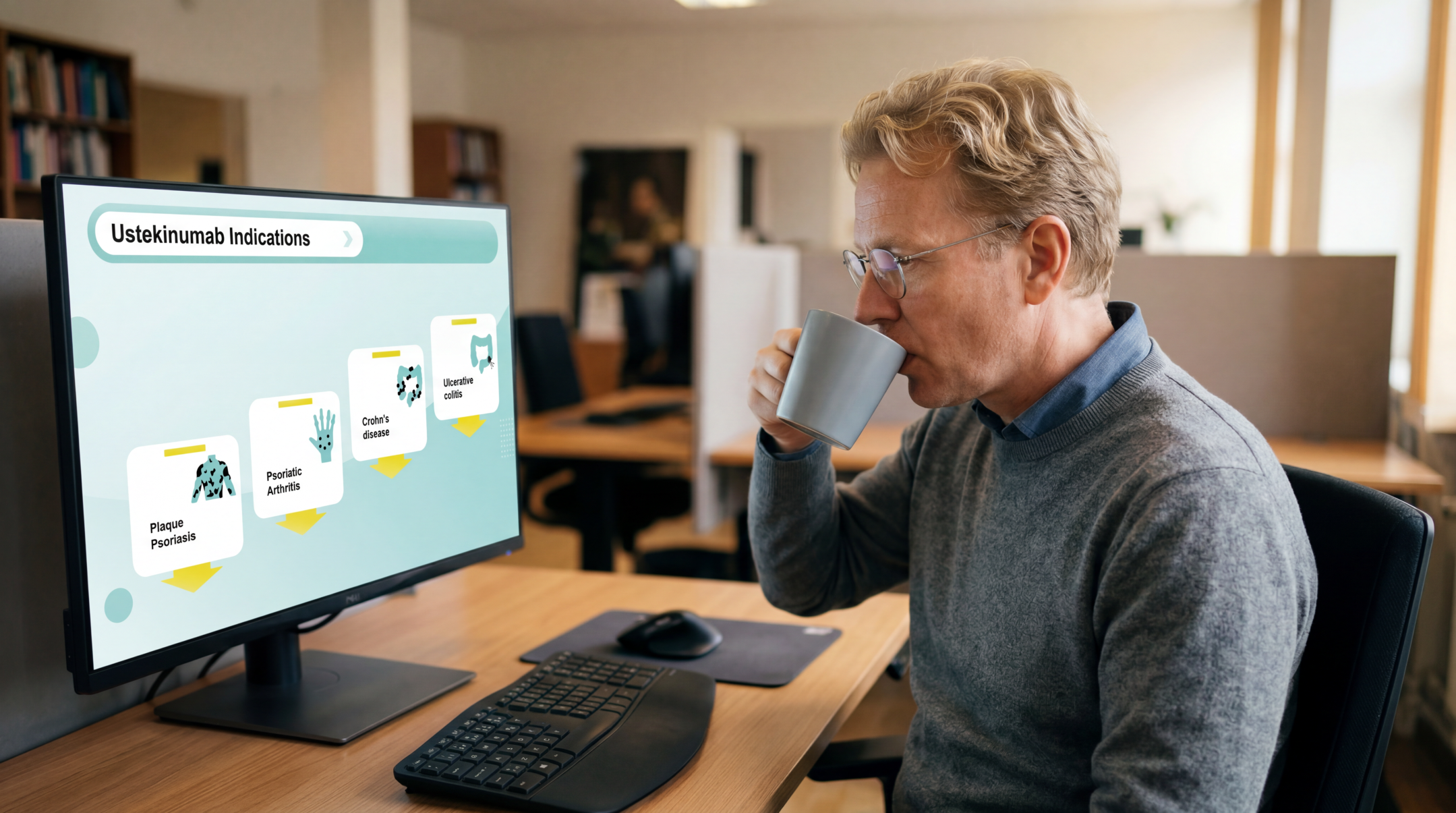 Healthcare professional reviewing ustekinumab clinical indications using an editable Ustekinumab PowerPoint Template on a desktop monitor.