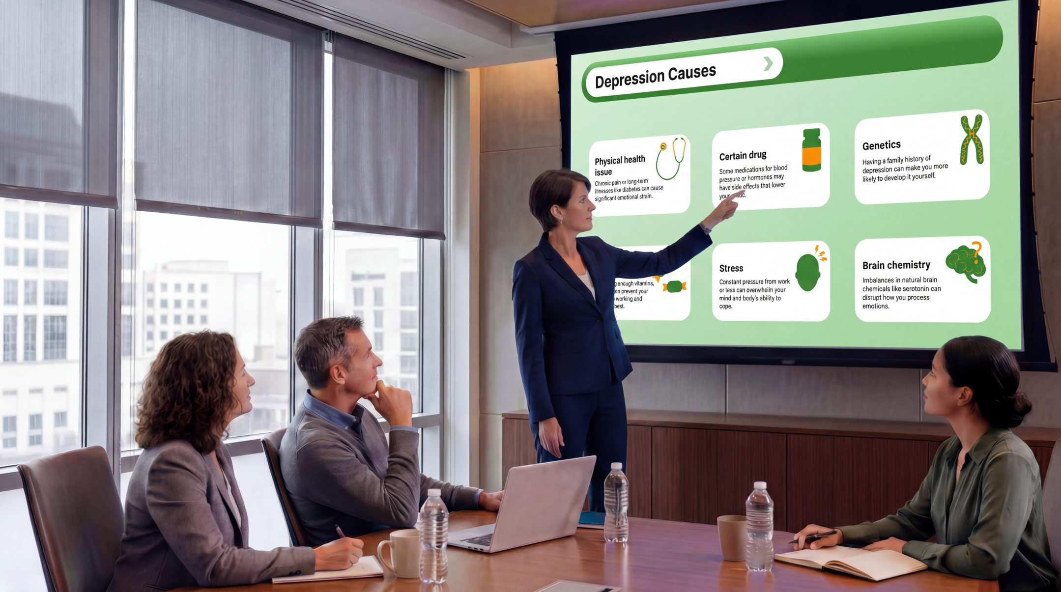 Healthcare professional presenting depression causes with an editable Venlafaxine PowerPoint Template during a medical education session.