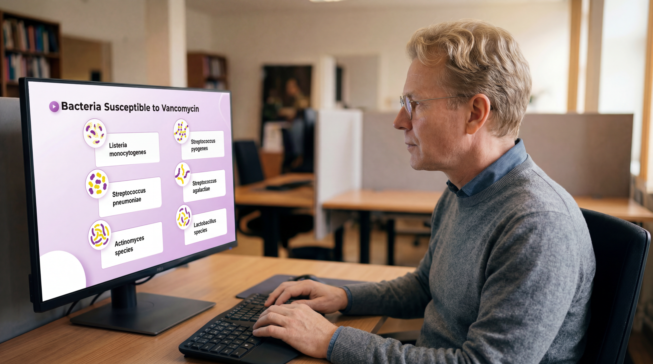 Healthcare professional reviewing bacteria susceptible to vancomycin using an editable Vancomycin PowerPoint Template on a desktop monitor.