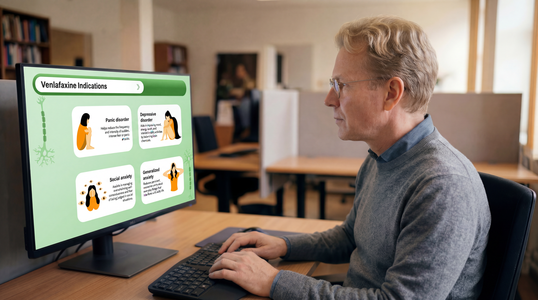 Healthcare professional reviewing venlafaxine indications using an editable Venlafaxine PowerPoint Template on a desktop monitor.