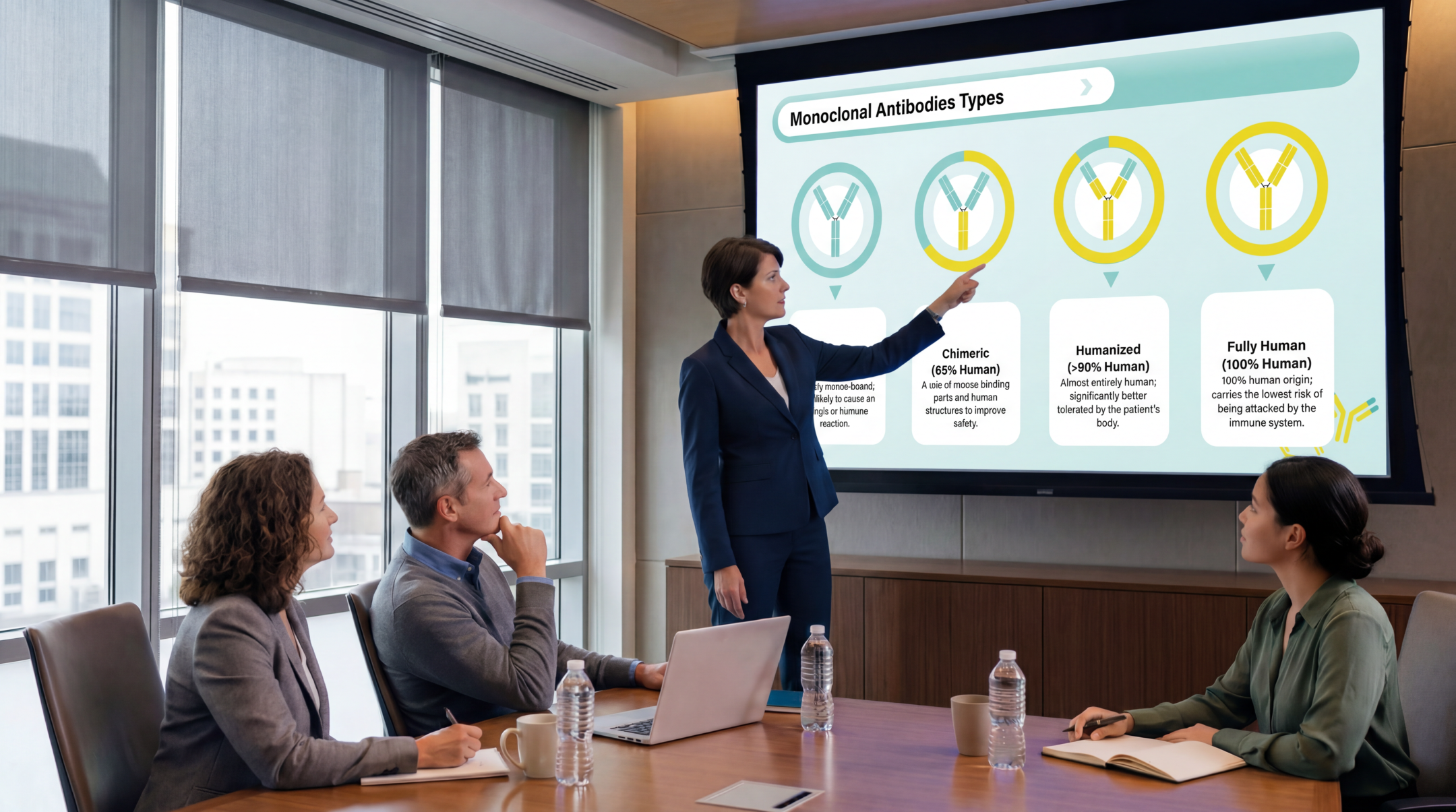 Healthcare professional presenting monoclonal antibody classifications using an editable Ustekinumab PowerPoint Template during a medical meeting.