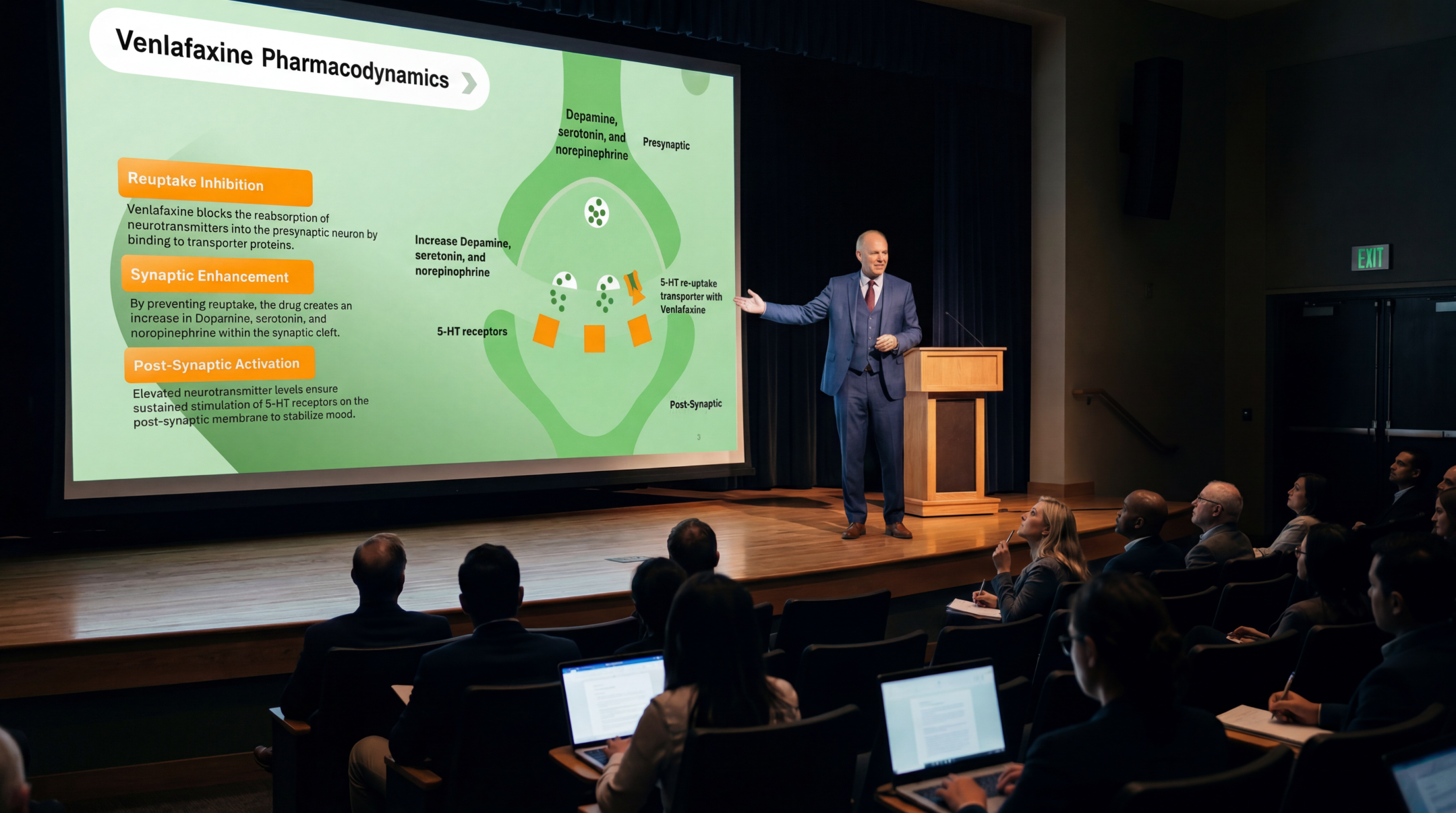 Medical educator presenting venlafaxine pharmacodynamics using an editable Venlafaxine PowerPoint Template during a clinical conference.