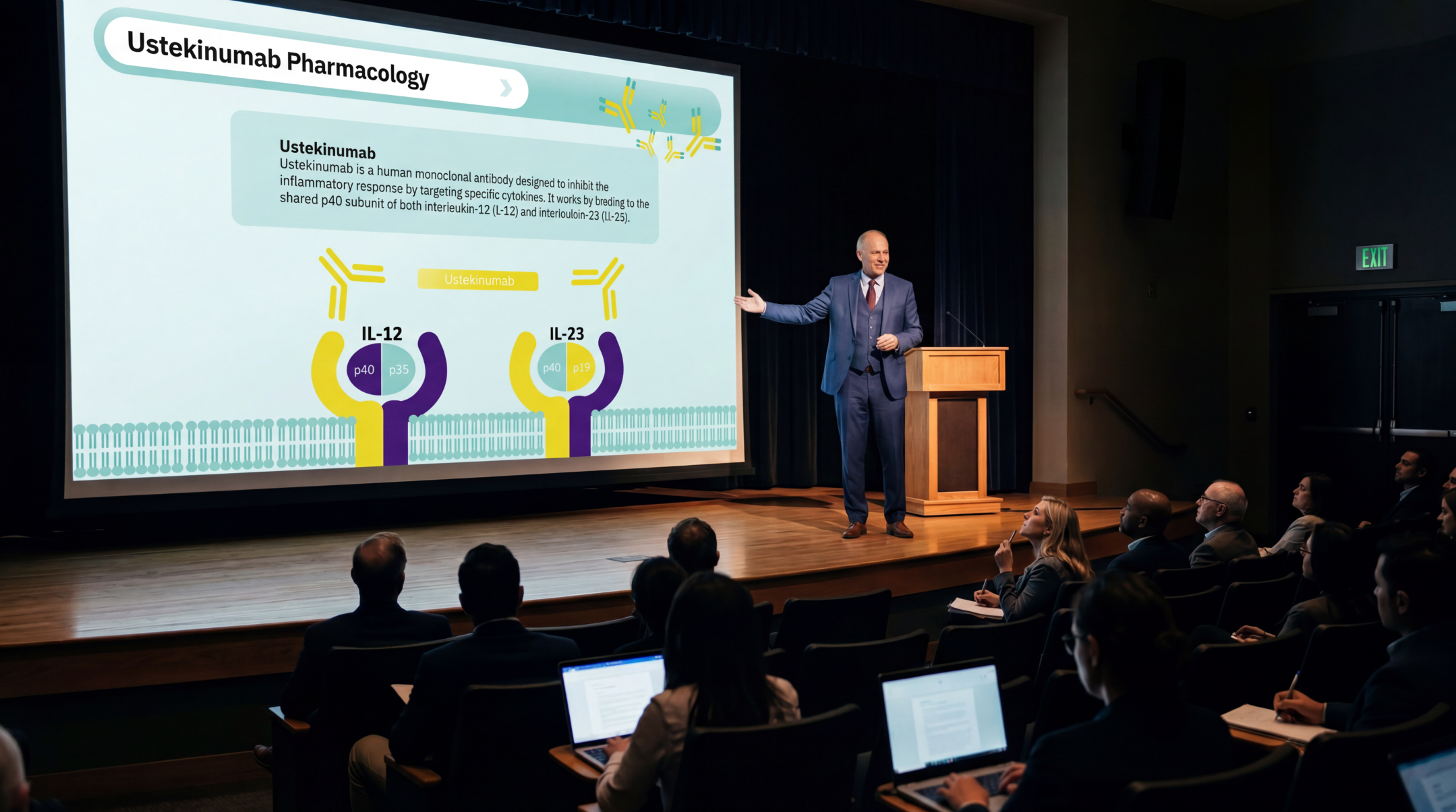 Medical educator presenting the pharmacology of ustekinumab using an editable Ustekinumab PowerPoint Template during a clinical conference.