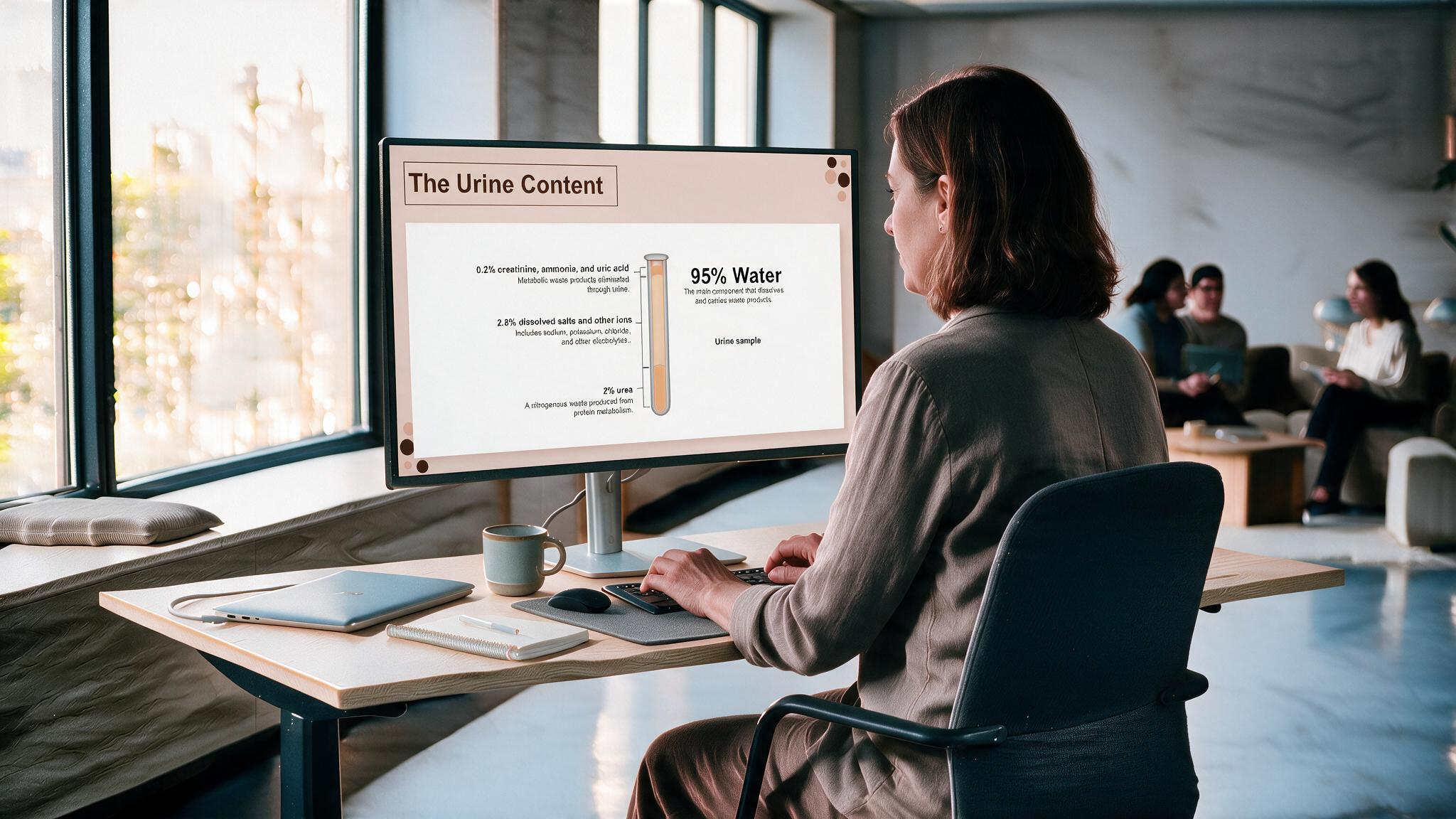 Medical learner reviewing urine composition using an editable Urinary System Anatomy and Physiology PowerPoint Template on a desktop monitor.