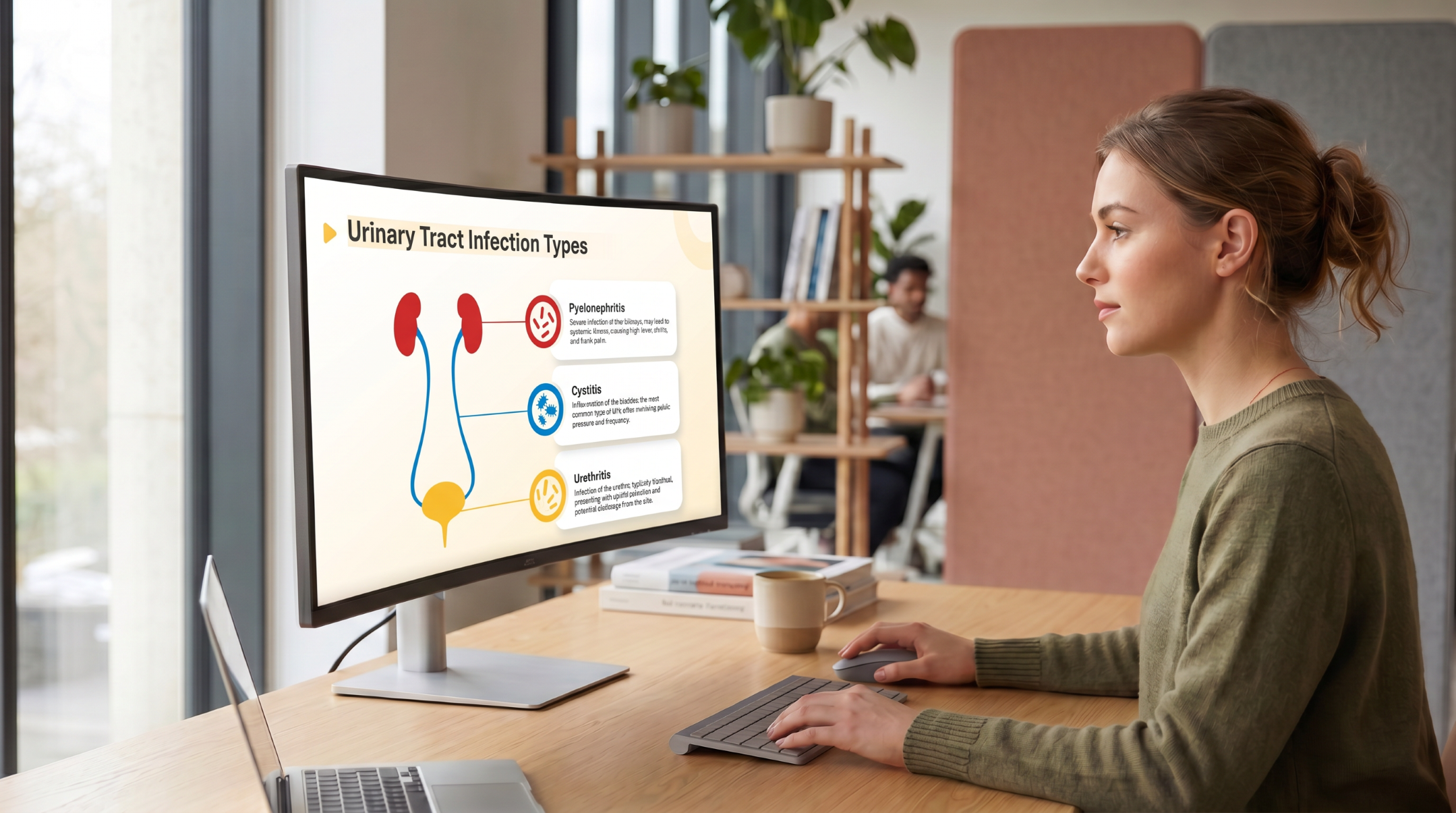 Healthcare professional reviewing urinary tract infection types on a desktop monitor using an editable Urinary Tract Infection PowerPoint Template.