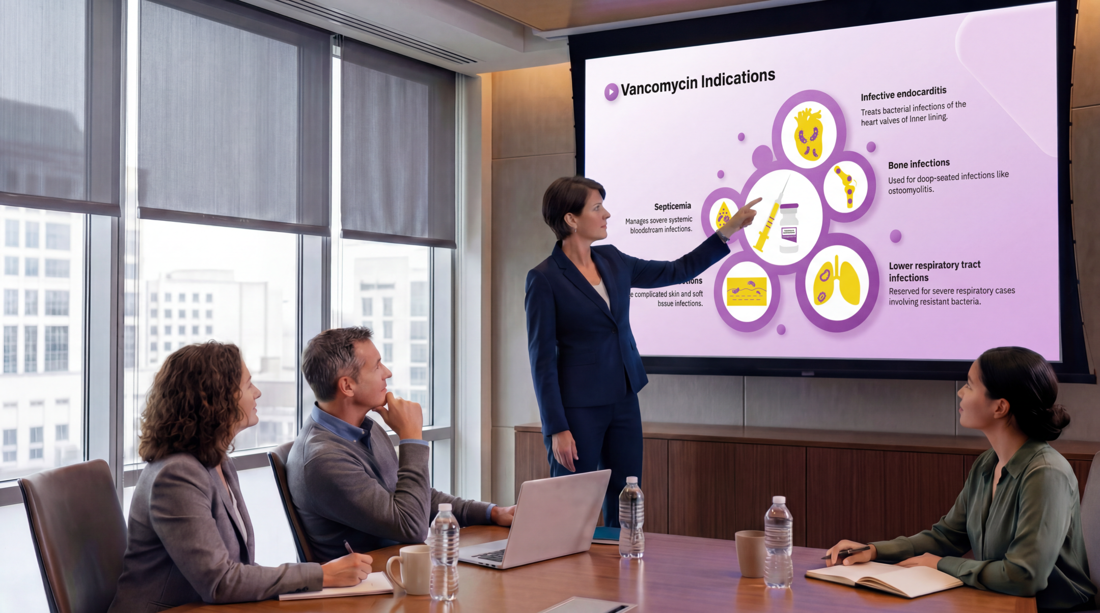 Healthcare professional presenting vancomycin clinical indications using an editable Vancomycin PowerPoint Template during a medical meeting.