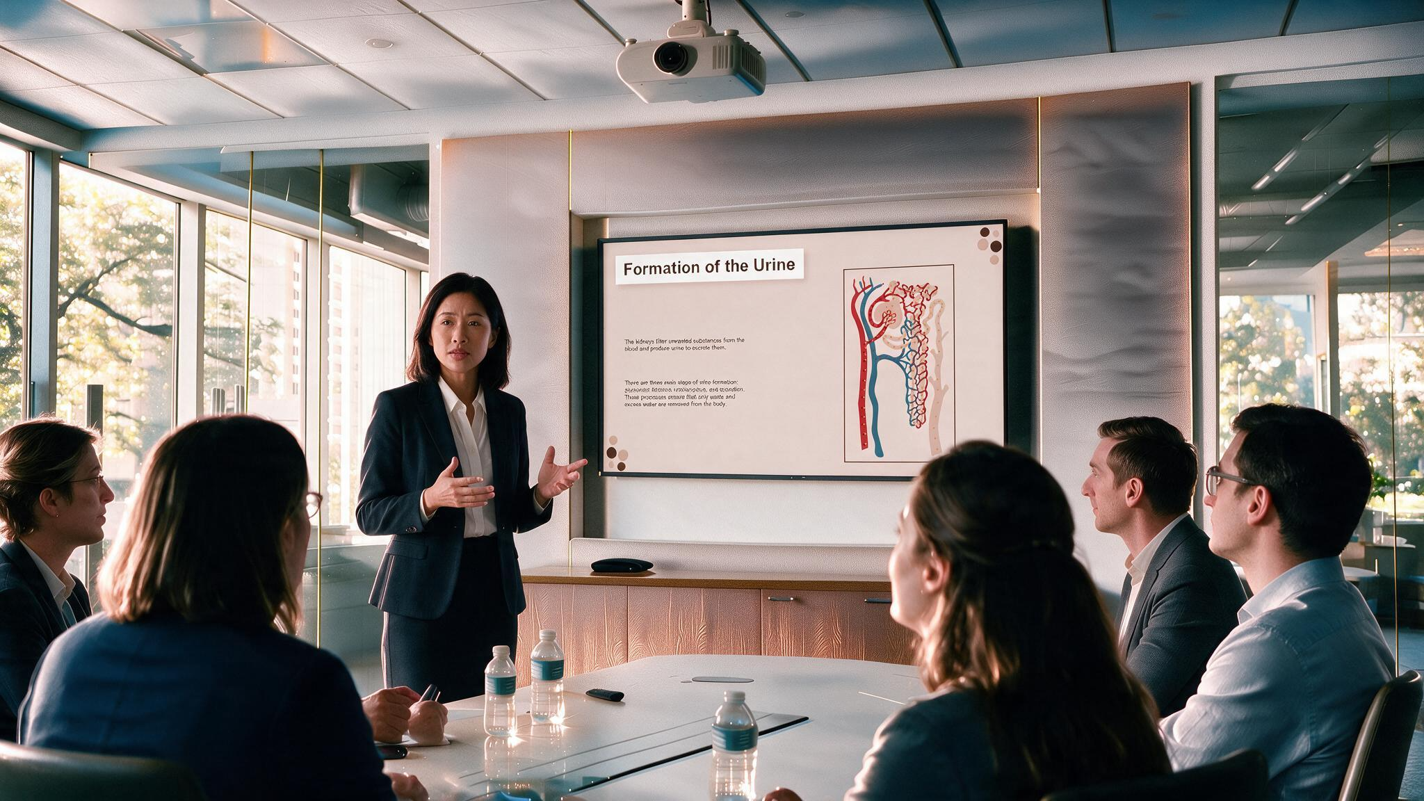 Healthcare professional explaining urine formation using an editable Urinary System Anatomy and Physiology PowerPoint Template during a medical meeting.