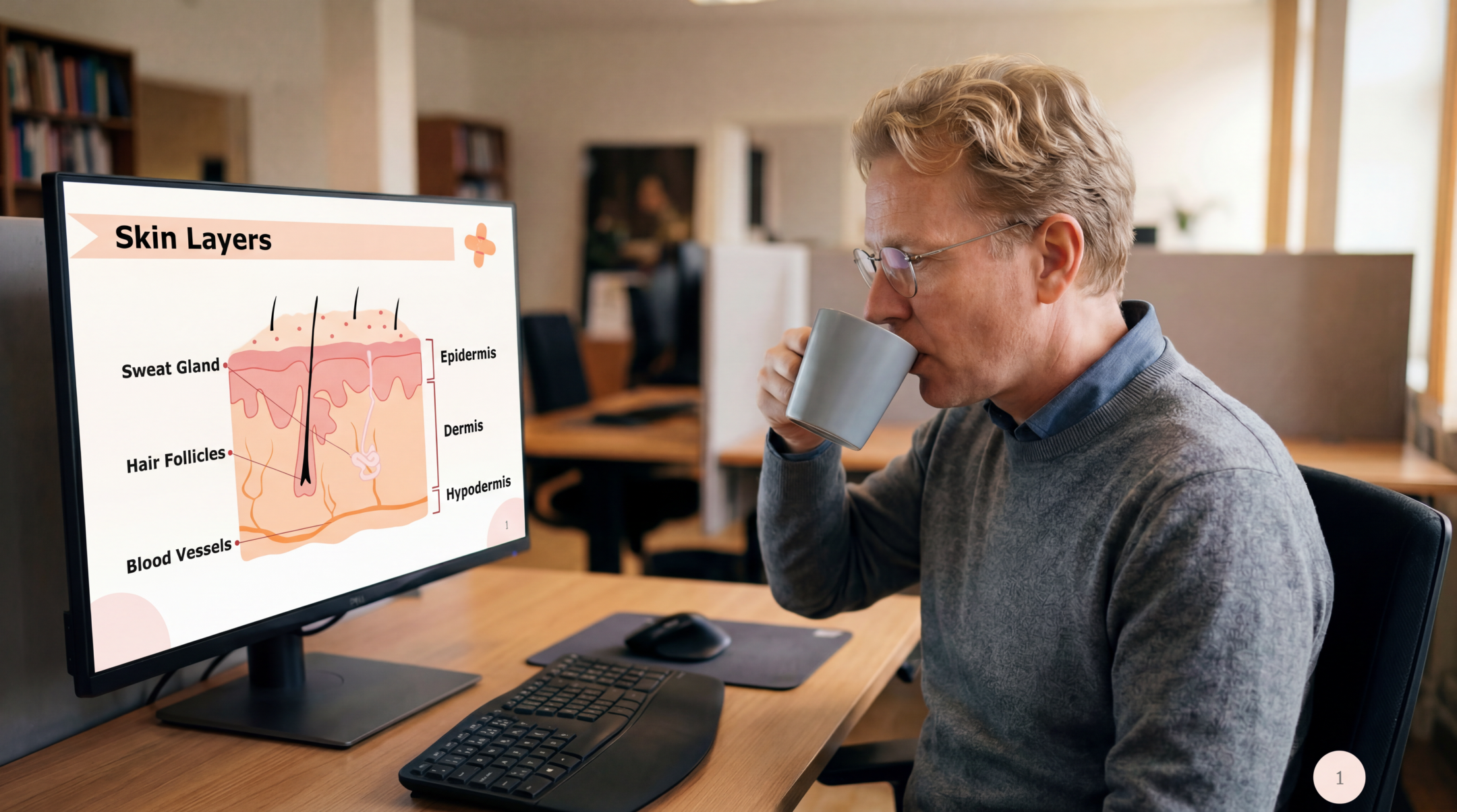 Healthcare professional reviewing skin layers anatomy using an editable Wound Management PowerPoint Template on a desktop monitor.
