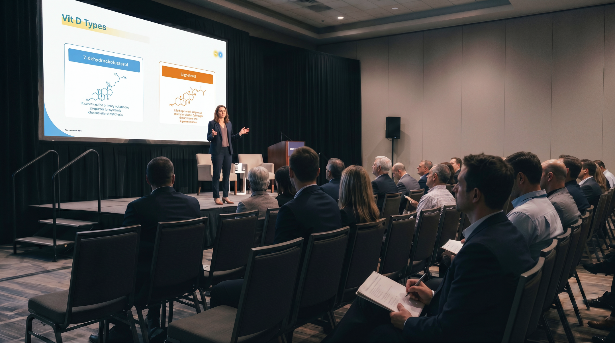 Medical educator presenting vitamin D types using an editable Vitamin D Deficiency PowerPoint Template during a healthcare conference.