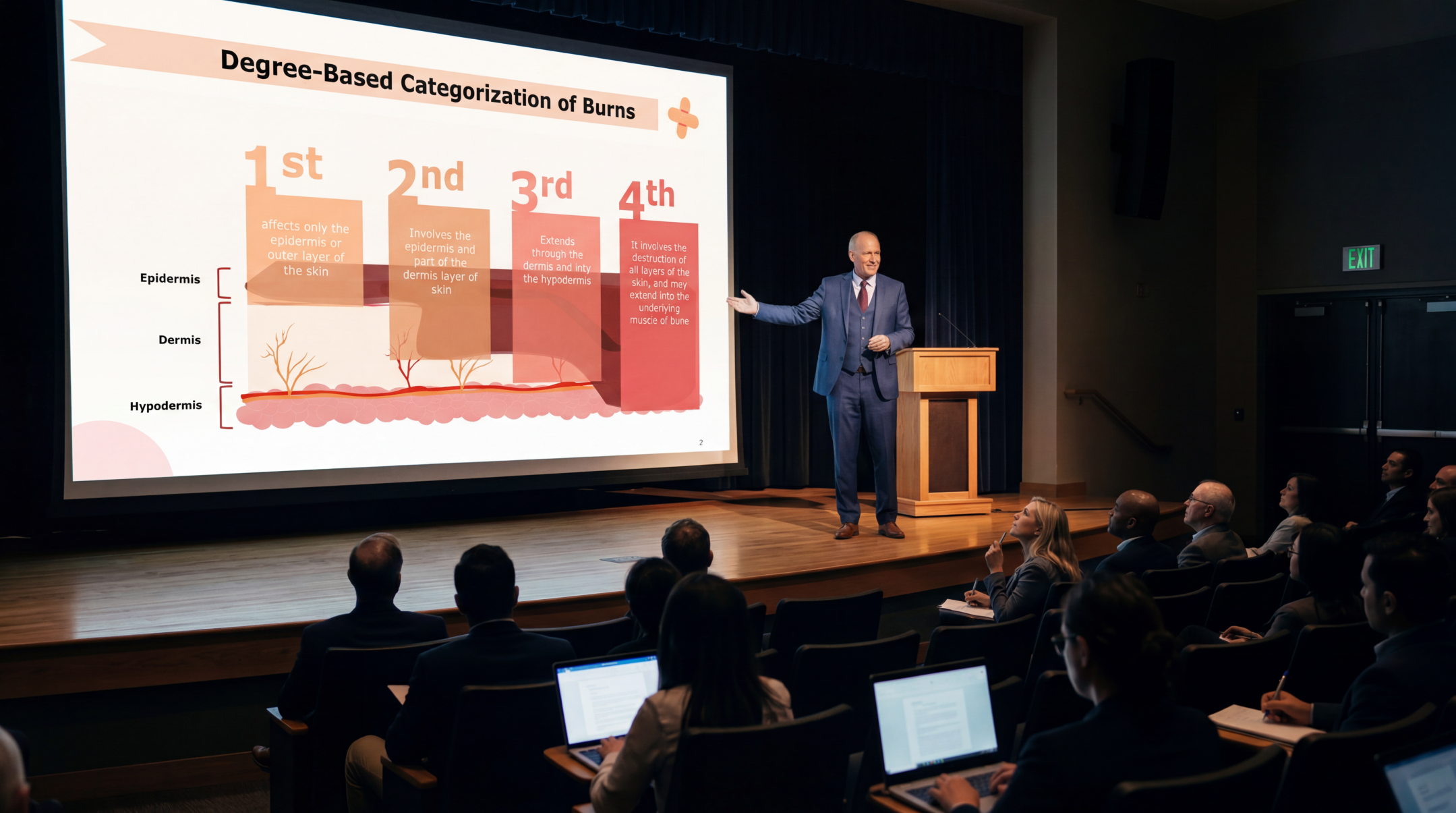 Medical educator presenting burn degree classification using an editable Wound Management PowerPoint Template during a healthcare conference.