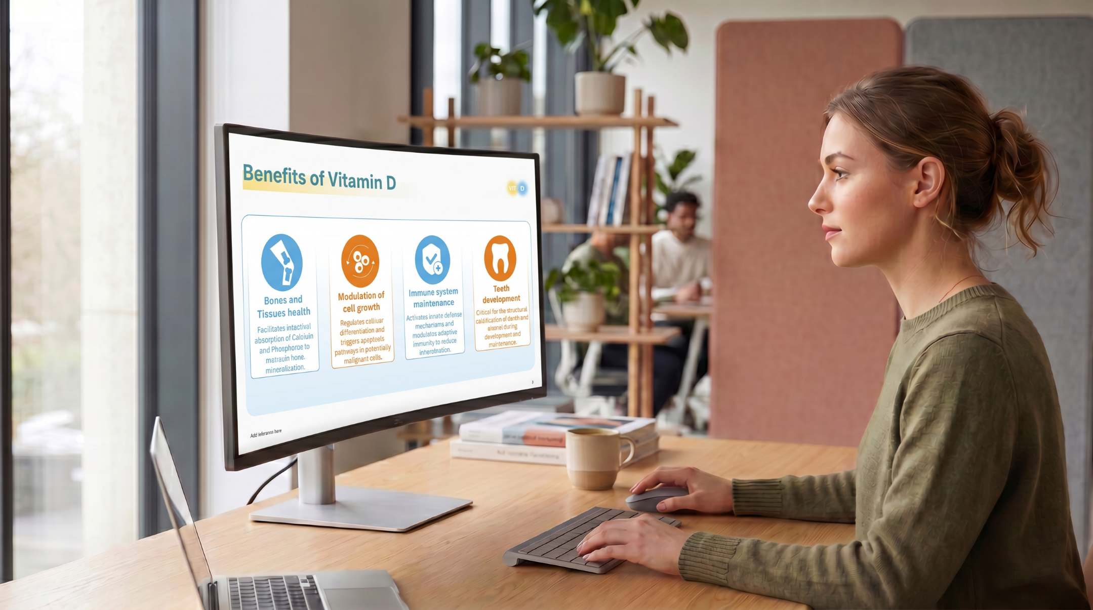 Healthcare professional reviewing vitamin D benefits using an editable Vitamin D Deficiency PowerPoint Template on a desktop monitor.