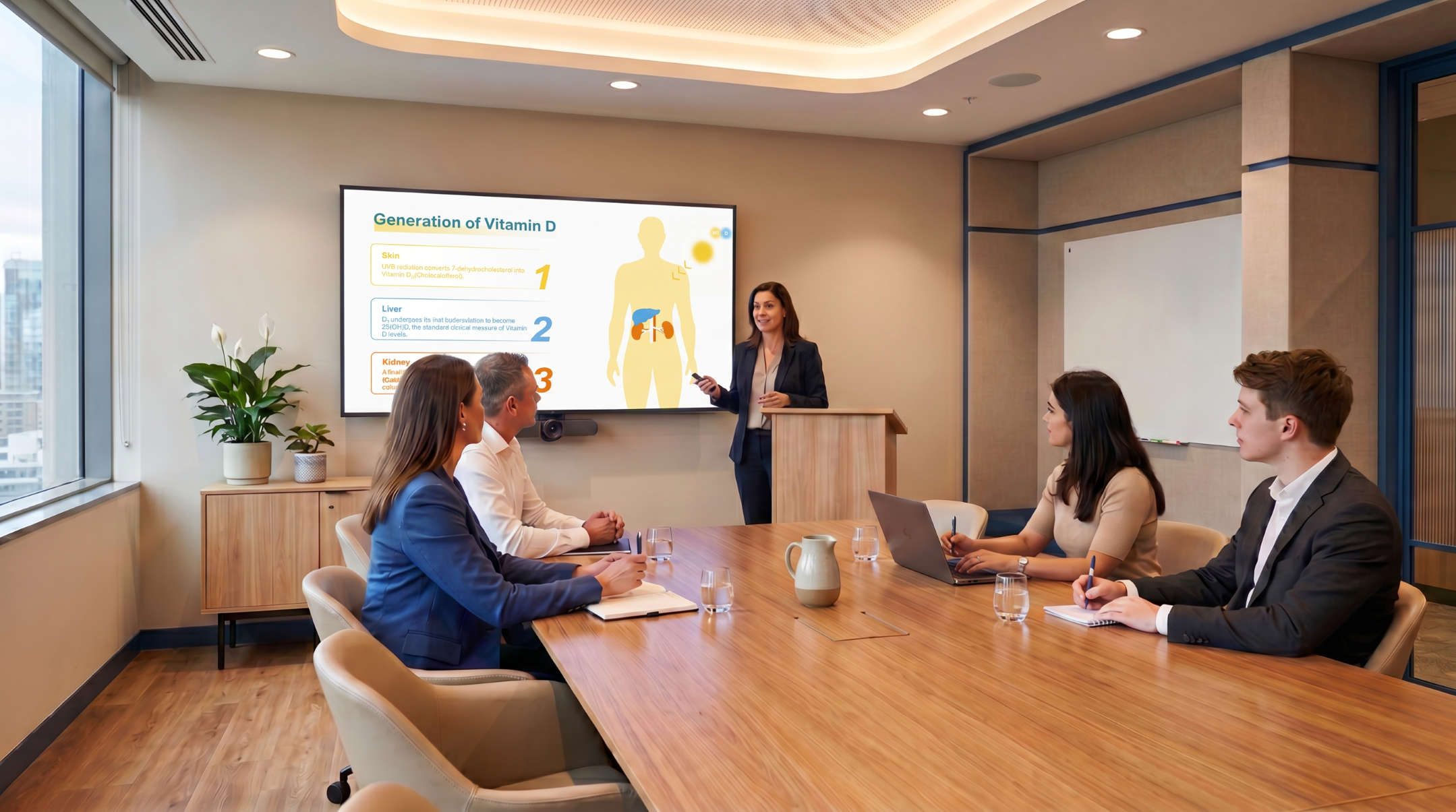 Healthcare professional explaining vitamin D generation using an editable Vitamin D Deficiency PowerPoint Template in a clinical meeting.