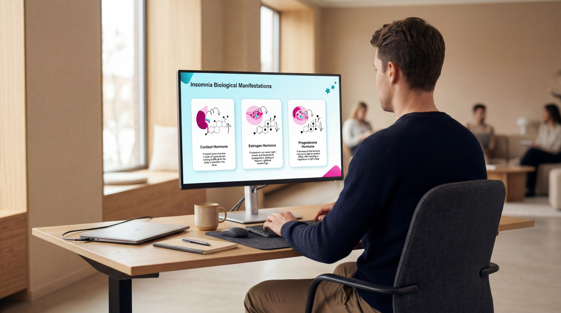 Healthcare professional reviewing insomnia biological manifestations using an editable Zolpidem PowerPoint Template on a desktop monitor.