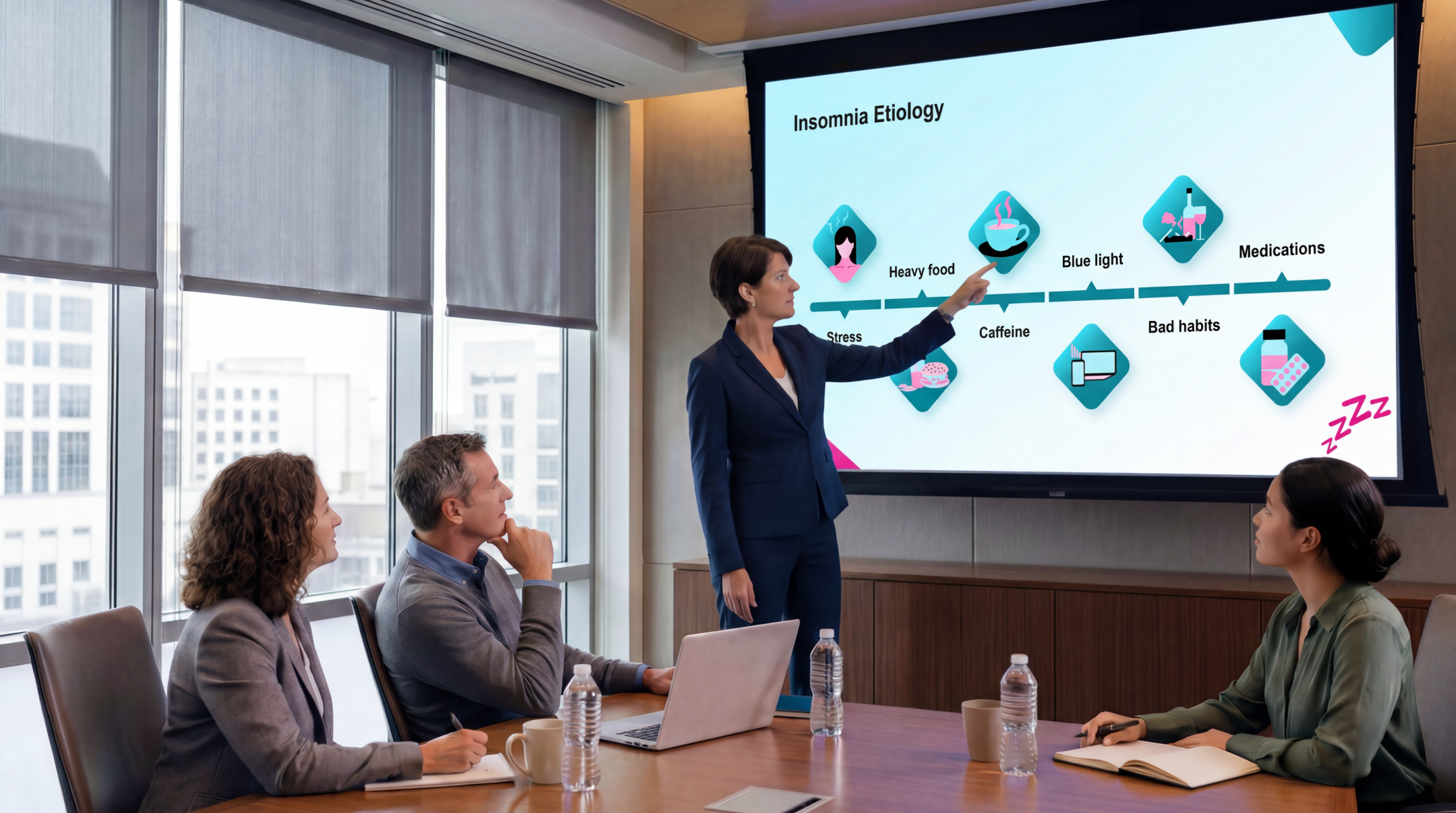 Healthcare professional explaining insomnia etiology using an editable Zolpidem PowerPoint Template during a clinical meeting.