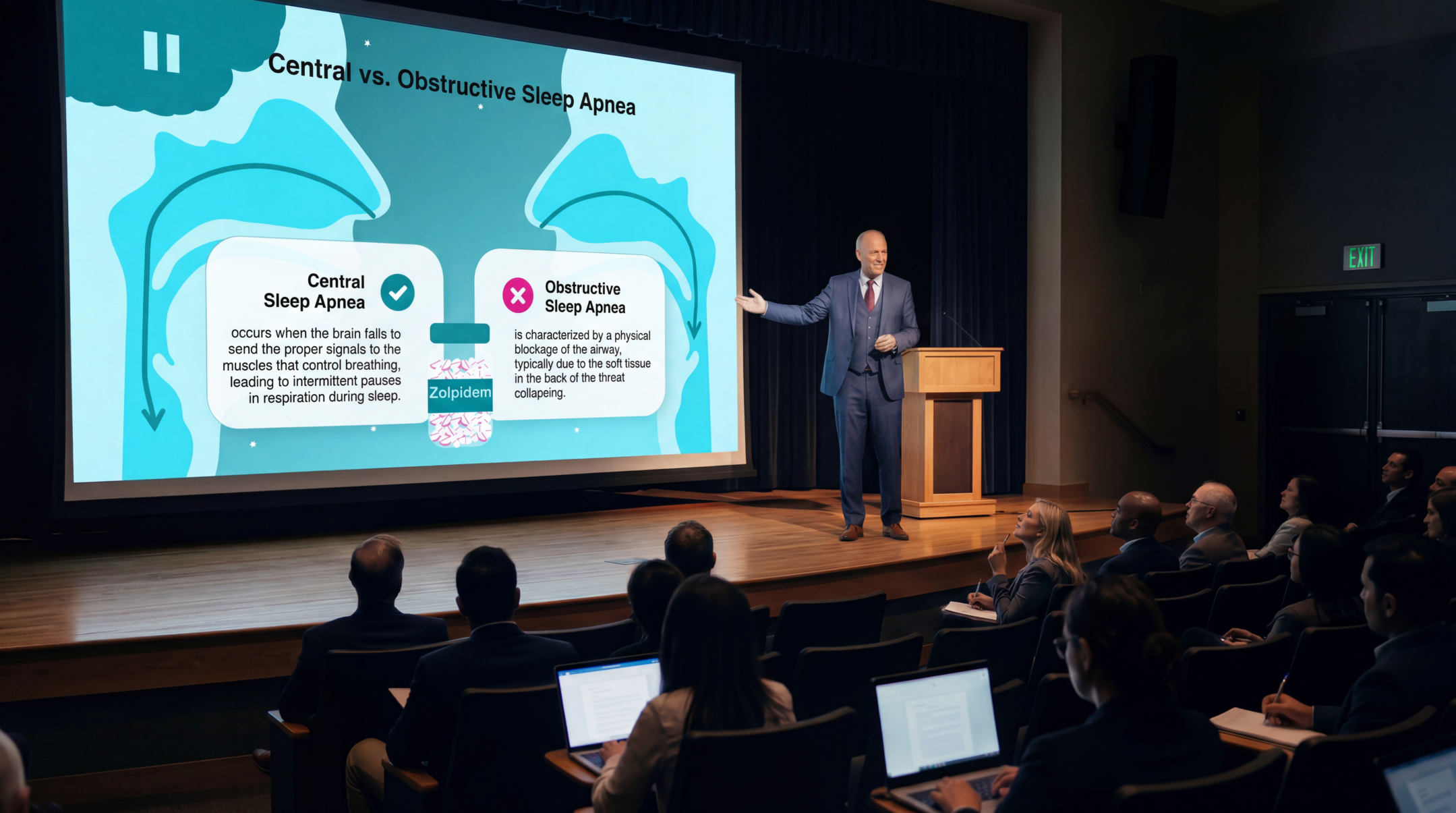 Medical educator presenting central versus obstructive sleep apnea using an editable Zolpidem PowerPoint Template during a healthcare conference.