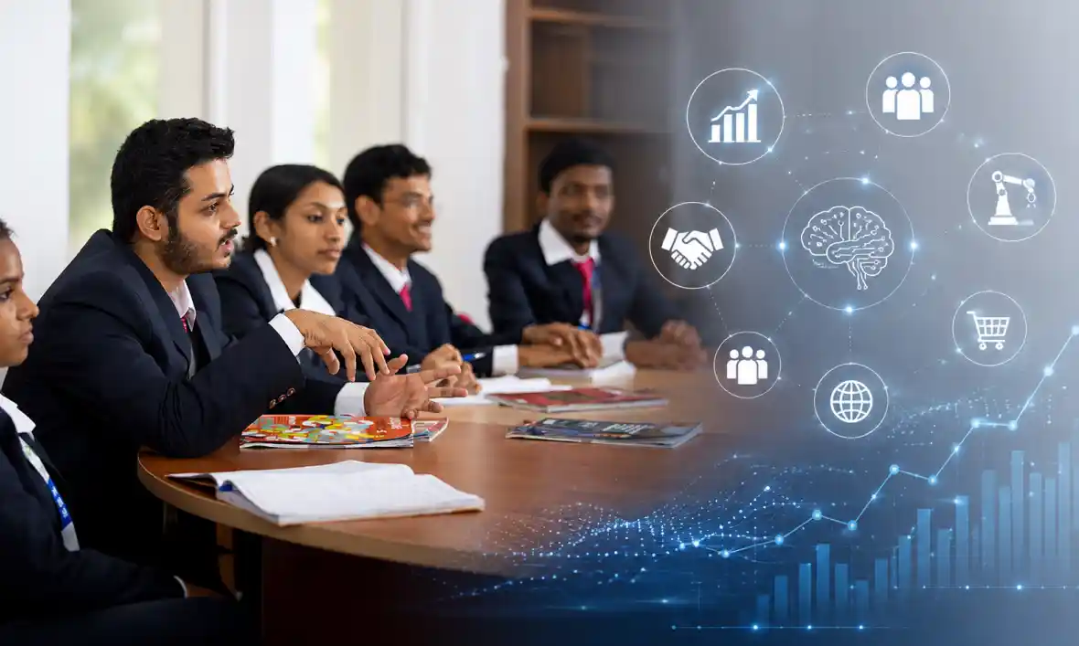 Business professionals discussing how artificial intelligence is transforming business and management