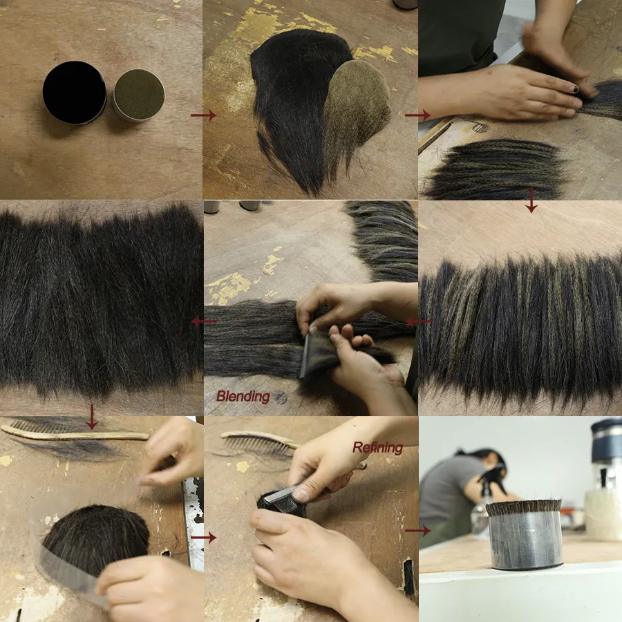 Step-by-step process of blending and refining bristles for makeup brushes, showing sorting, combing, and aligning natural bristle hairs to ensure uniform quality and softness.