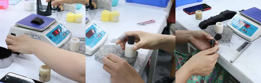 Workers measuring and shaping bristles for makeup brushes using precision scales and tools in a workshop environment.