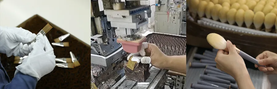 Workers inspecting brush quality, printing the logo on handles using machinery, and assembling brush heads with handles for final production.