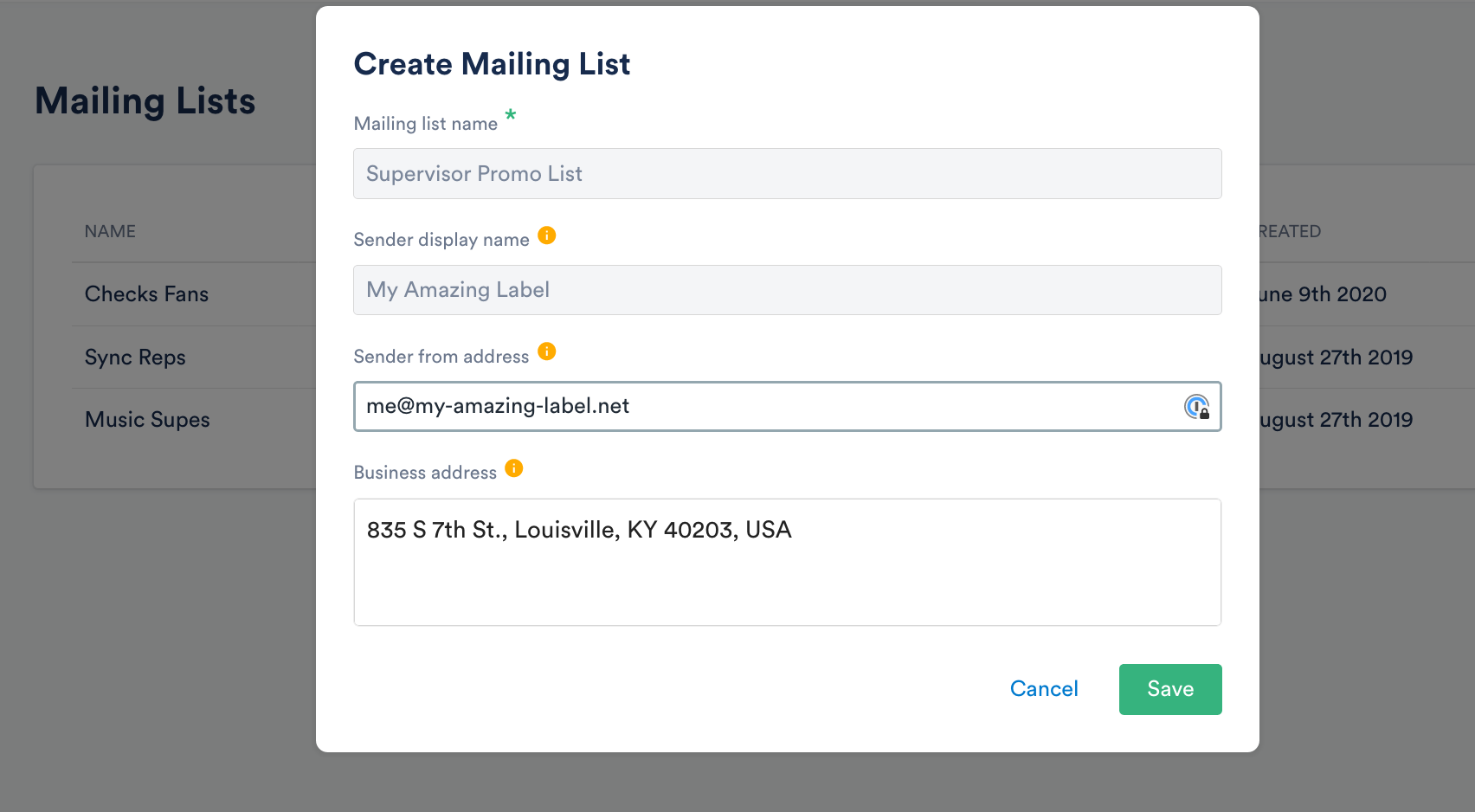 Create mailing list pop up