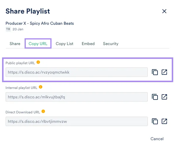 Copy URL tab public playlist URL hightlighted