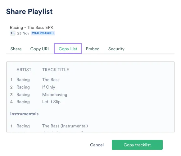 Copy track list from share area