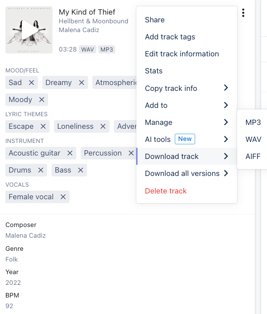 A track in DISCO with tags and a menu with options to share, manage files and more