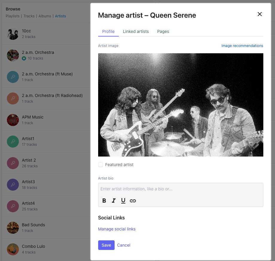 An artist profile storing the artist image, bio and socials