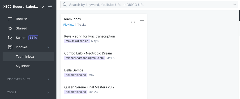 The inbox in DISCO contains playlists received from collaborators. =