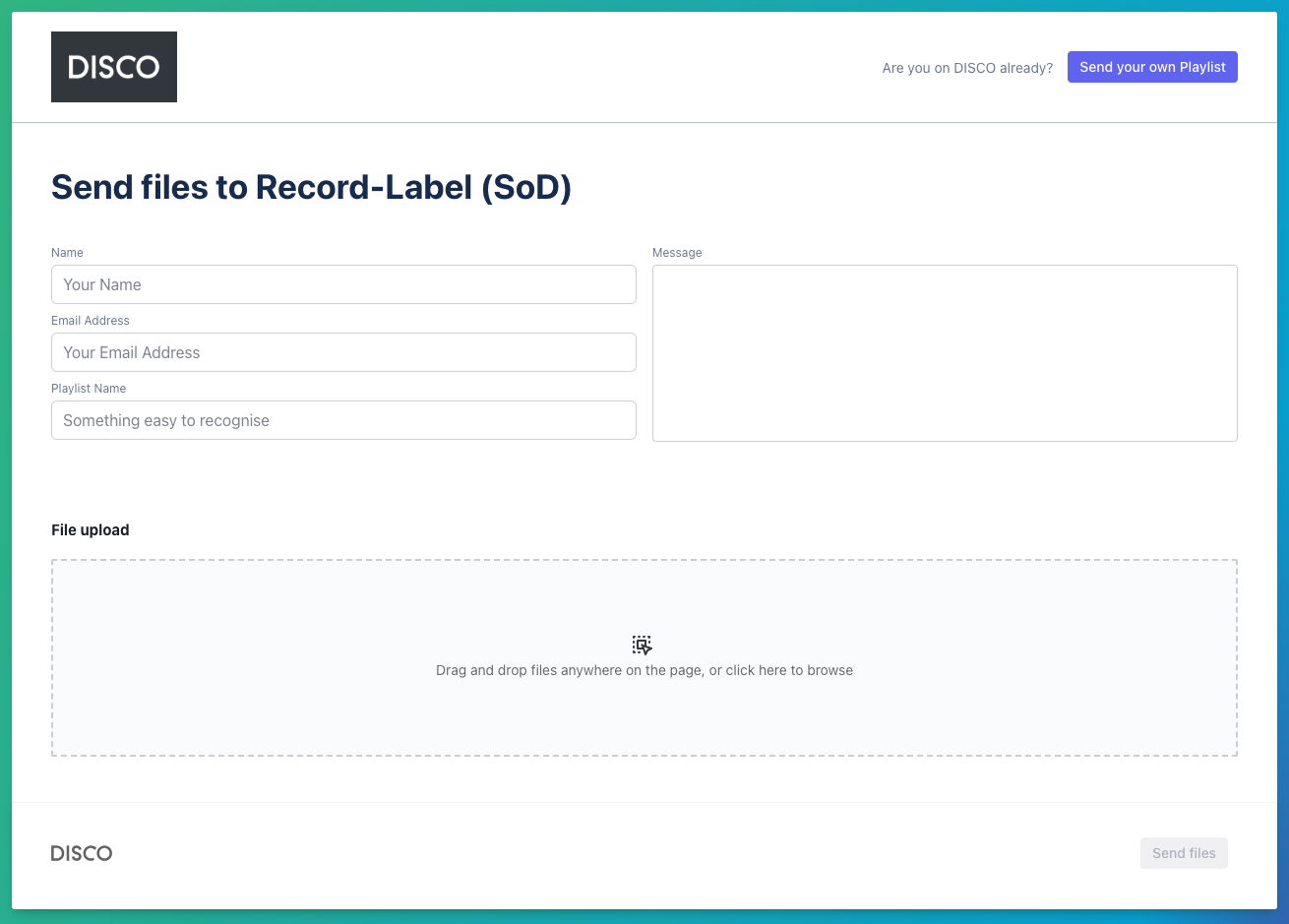 The Inbox upload page that collaborators can use to share files into your DISCO