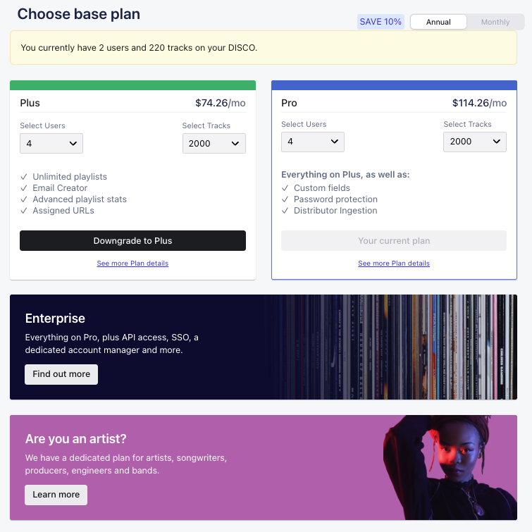 DISCO plan, user and track quota selection area
