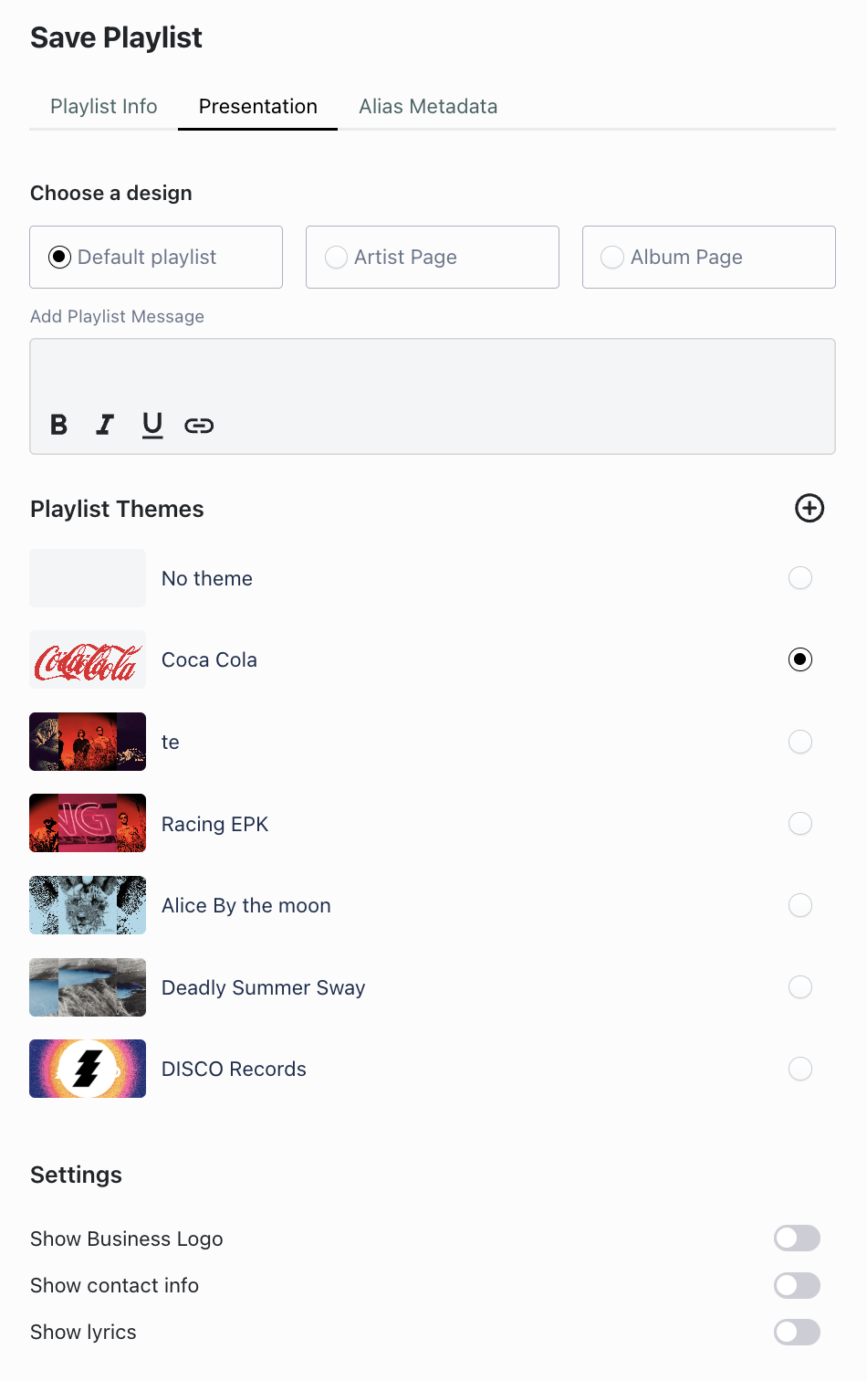 Save playlist Default design tab