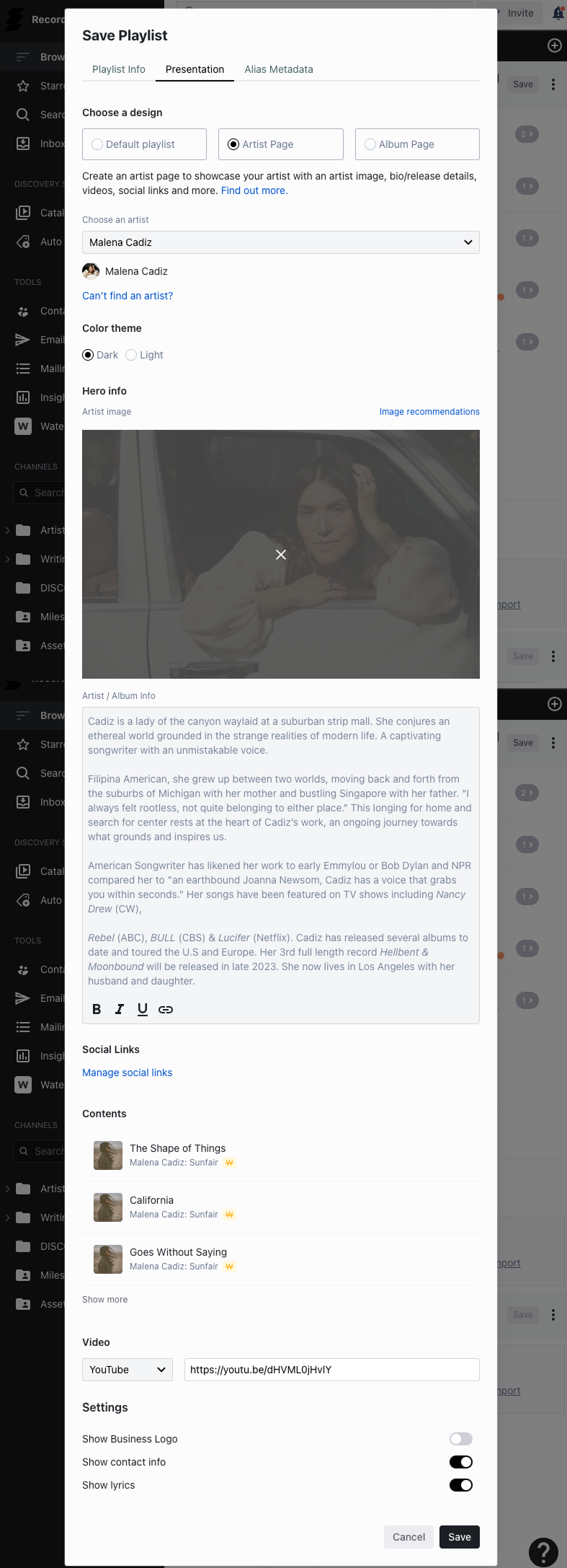 DISCO Artist Page template design area