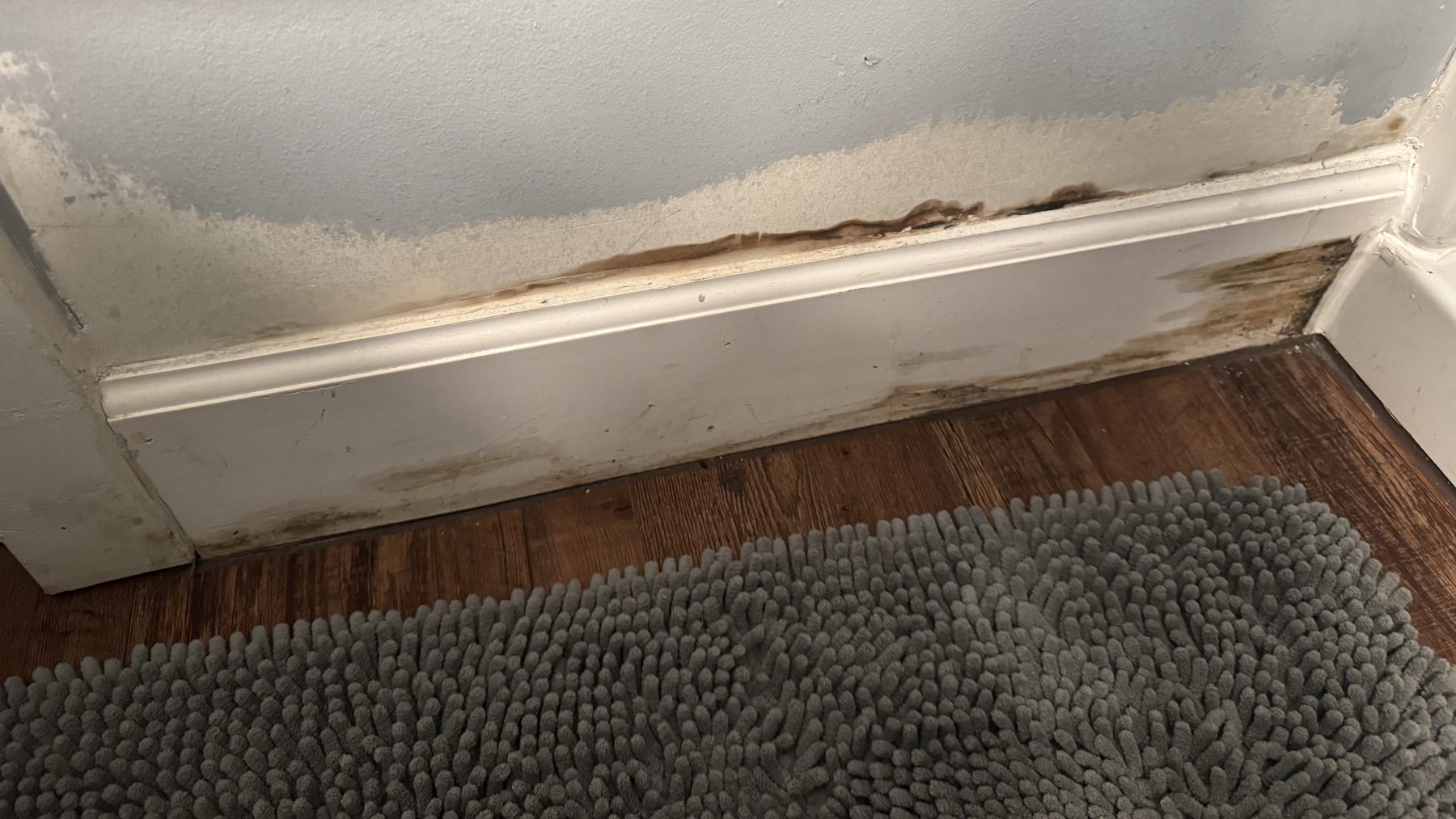 Water-damaged wall above a baseboard with staining and peeling paint