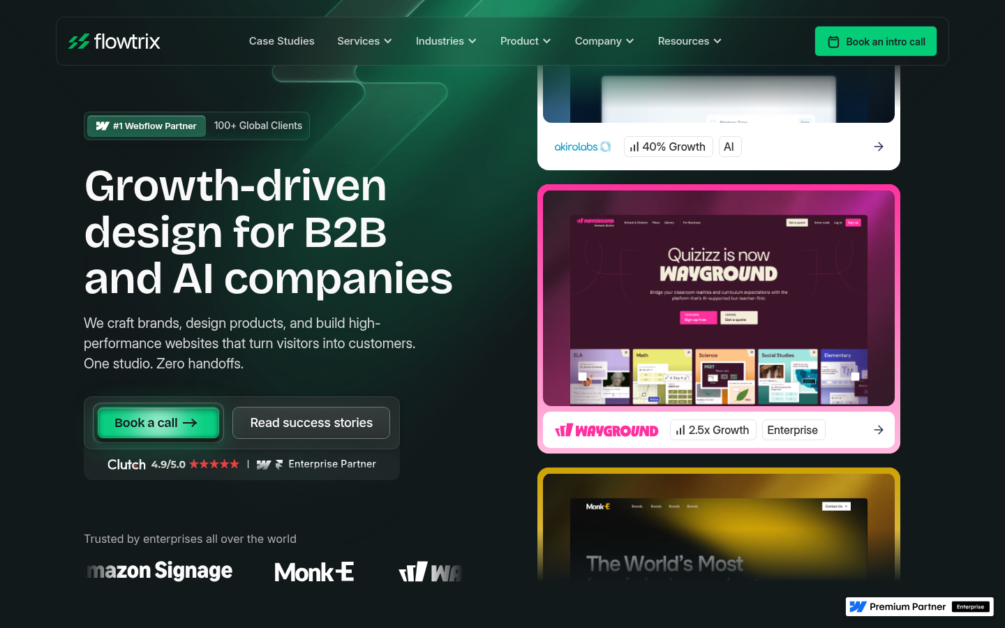 Flowtrix homepage hero, India's only Webflow Enterprise Certified Partner for B2B and AI SaaS