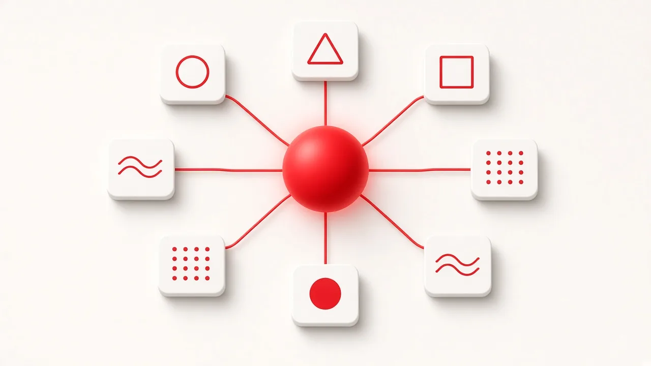 An AI agent at the centre connected through MCP to many app tiles, showing how one agent reaches several business tools