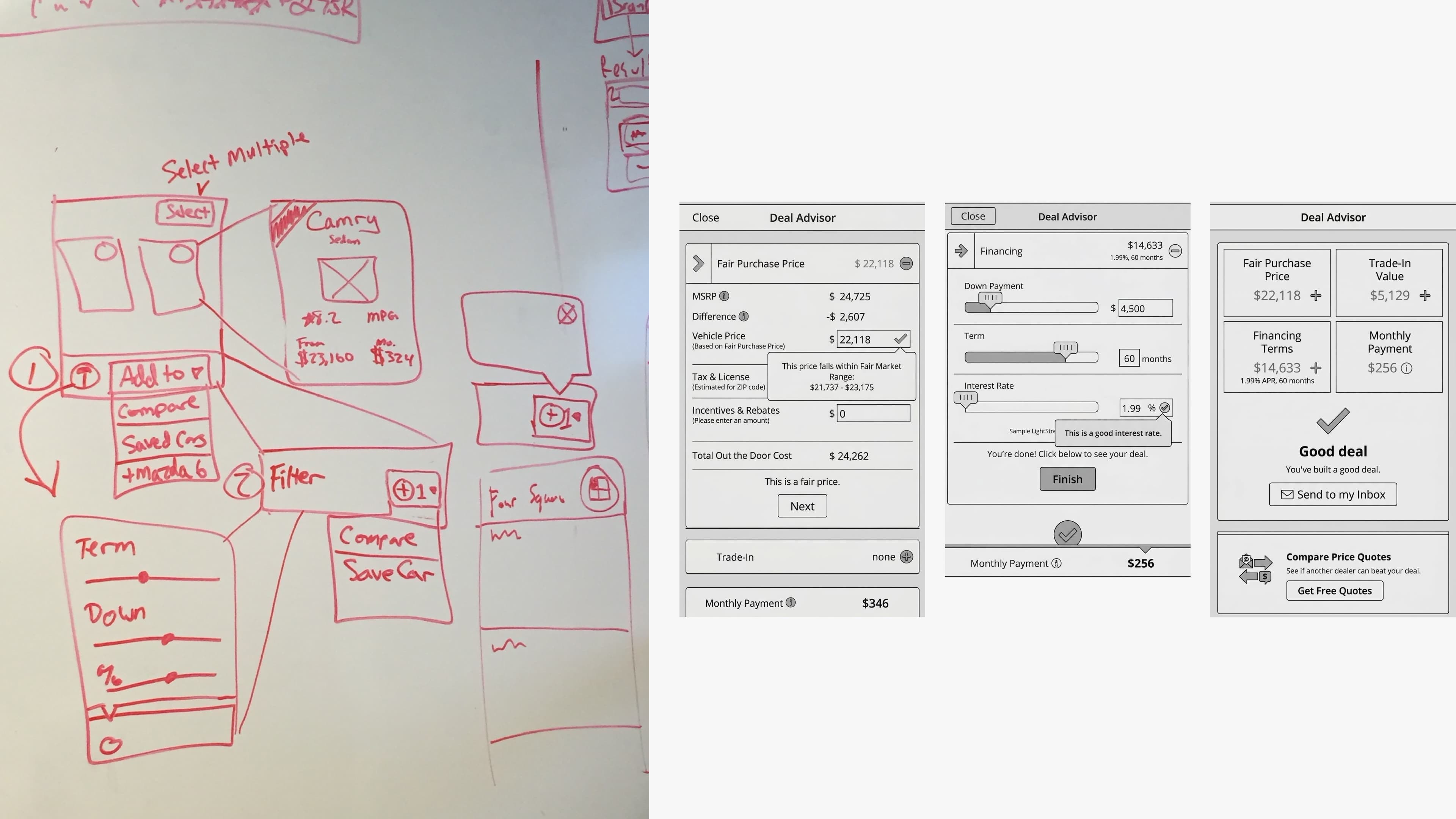 Early sketches and wireframe concepts for Deal Advisor showing the four-square reframe approach