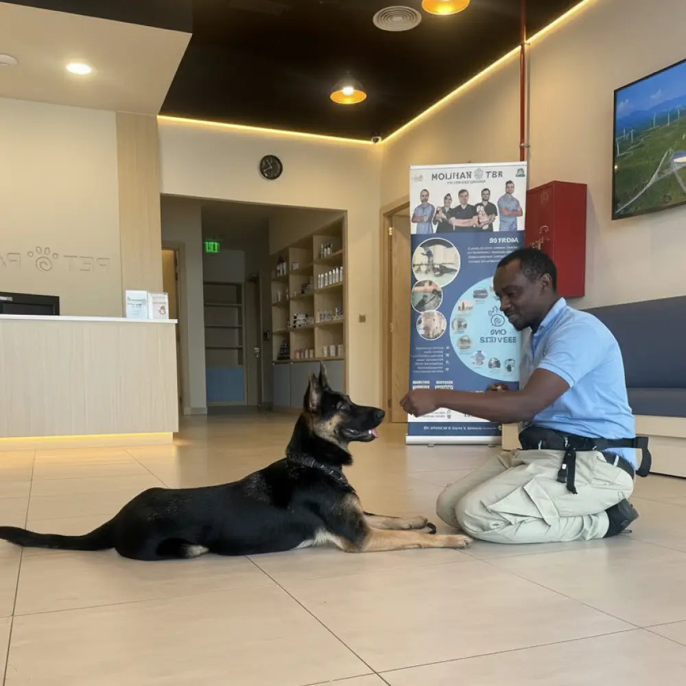 Man kneeling on floor training a black and tan German Shepherd inside a modern pet facility.