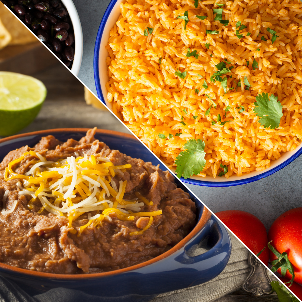 Corporate catering sides of Mexican rice and refried beans with melted cheese