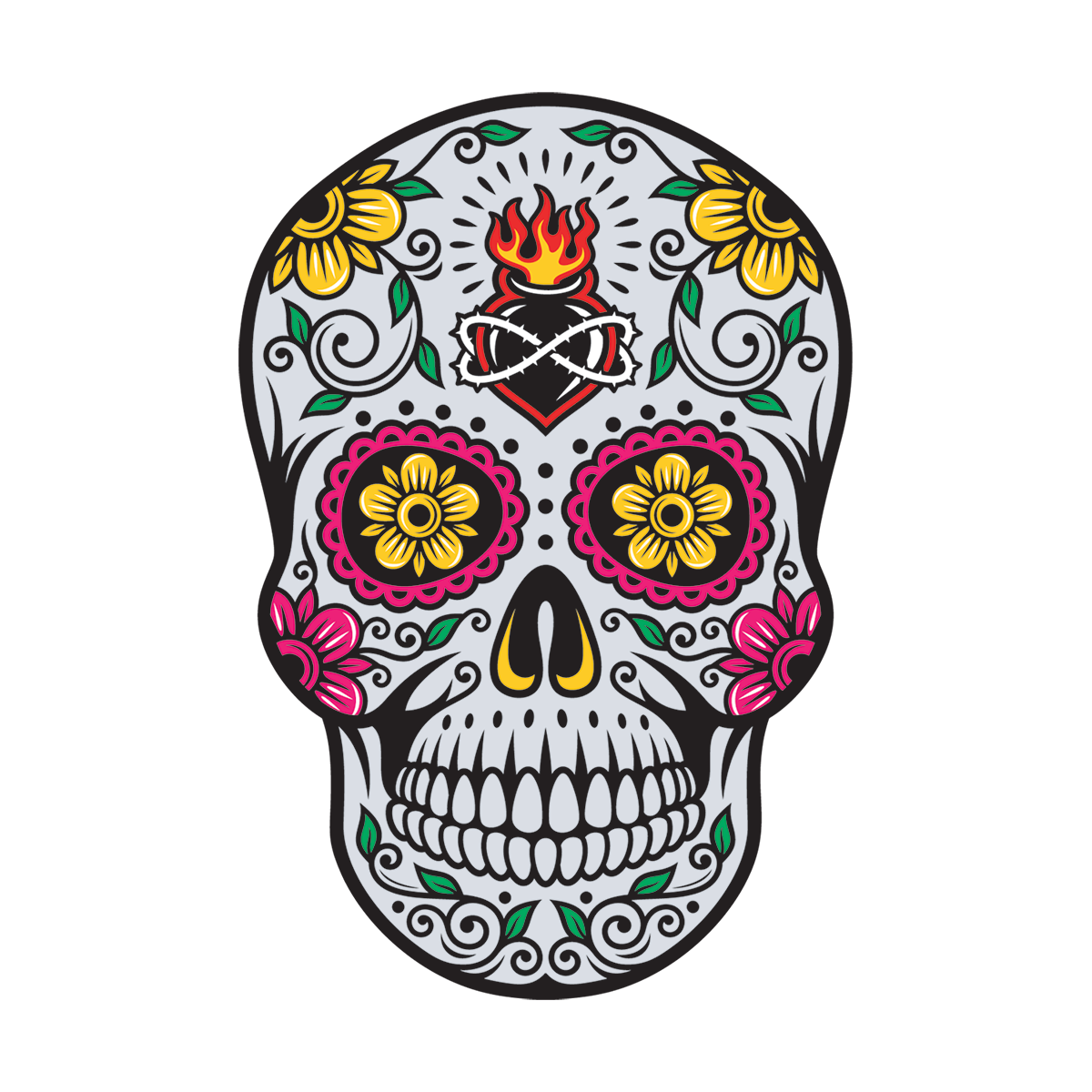 brand artwork featuring a colorful Day of the Dead sugar skull illustration.