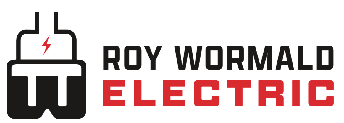 Logo with a black electrical plug featuring a small red lightning bolt, next to the text 'ROY WORMALD ELECTRIC' with 'ELECTRIC' in bold red letters.