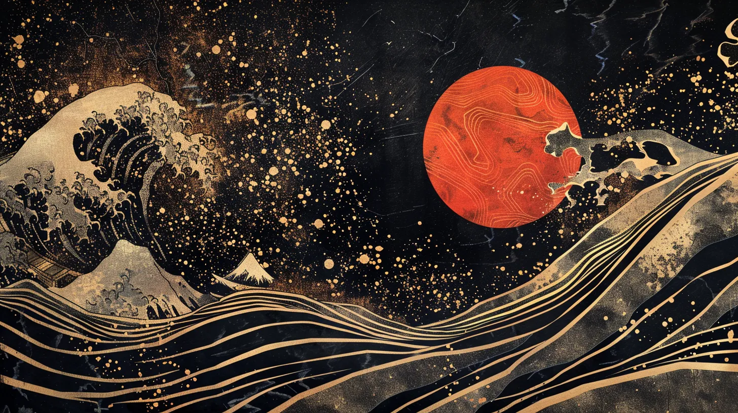 a minimal image in the style of artist Katsushika Hokusai depicting the void of the space time continuum